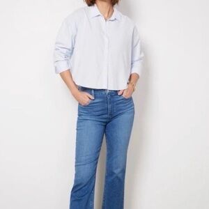Faherty Women’s Stretch Oxford Crop Shirt Blue Stripe Size Medium Long Sleeves